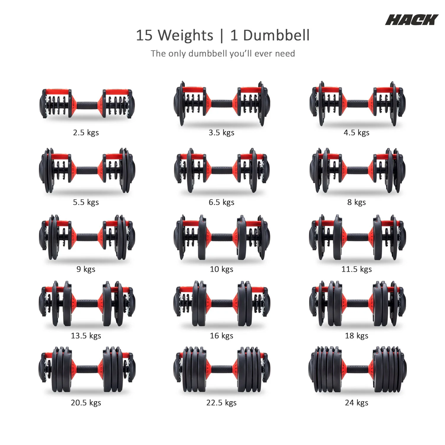 Hack Athletics Adjustable Dumbbell Set 24 KG, Set of 2 - Image 9