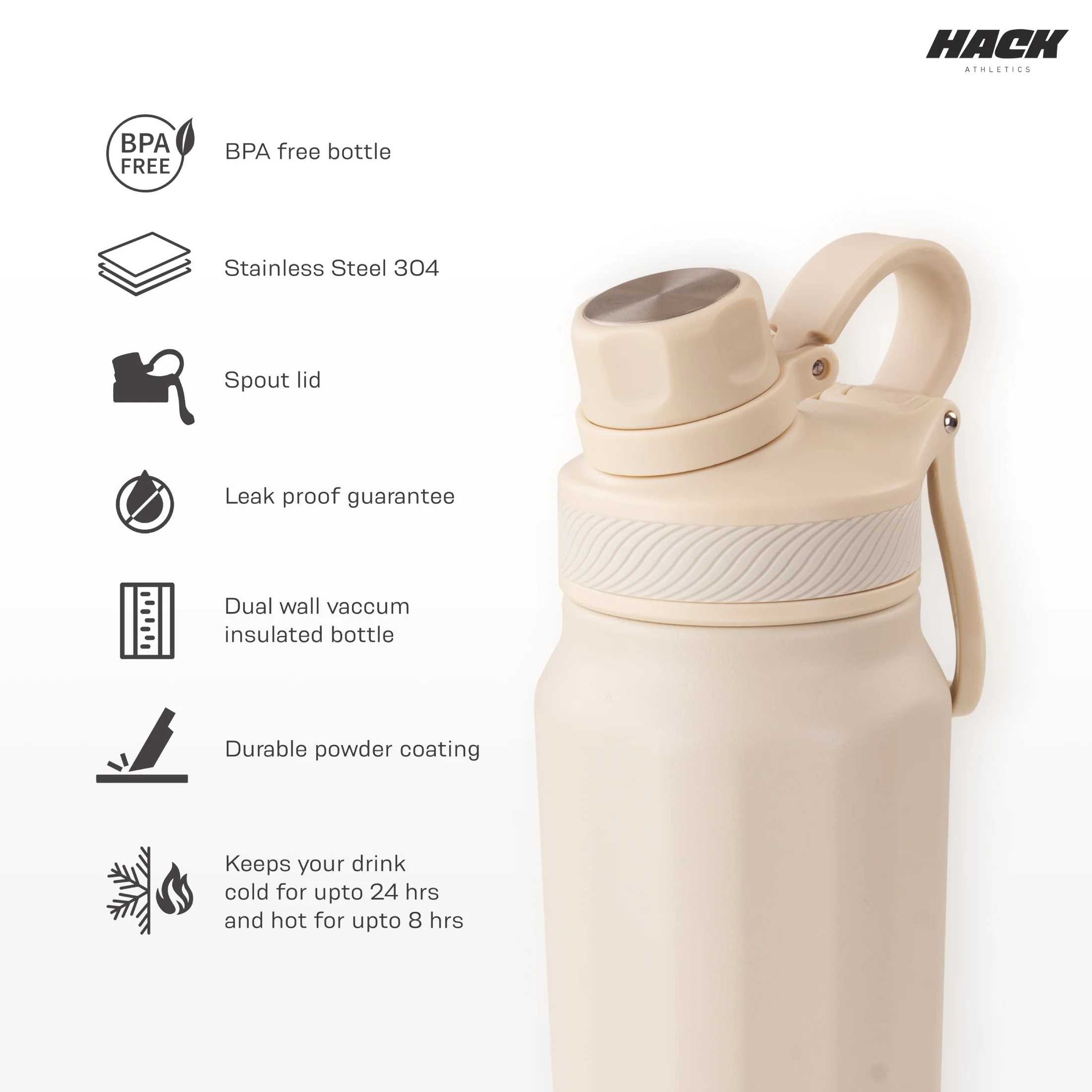 Hack Athletics Premium Aqua Water Bottle Cream | 709ML - Image 4