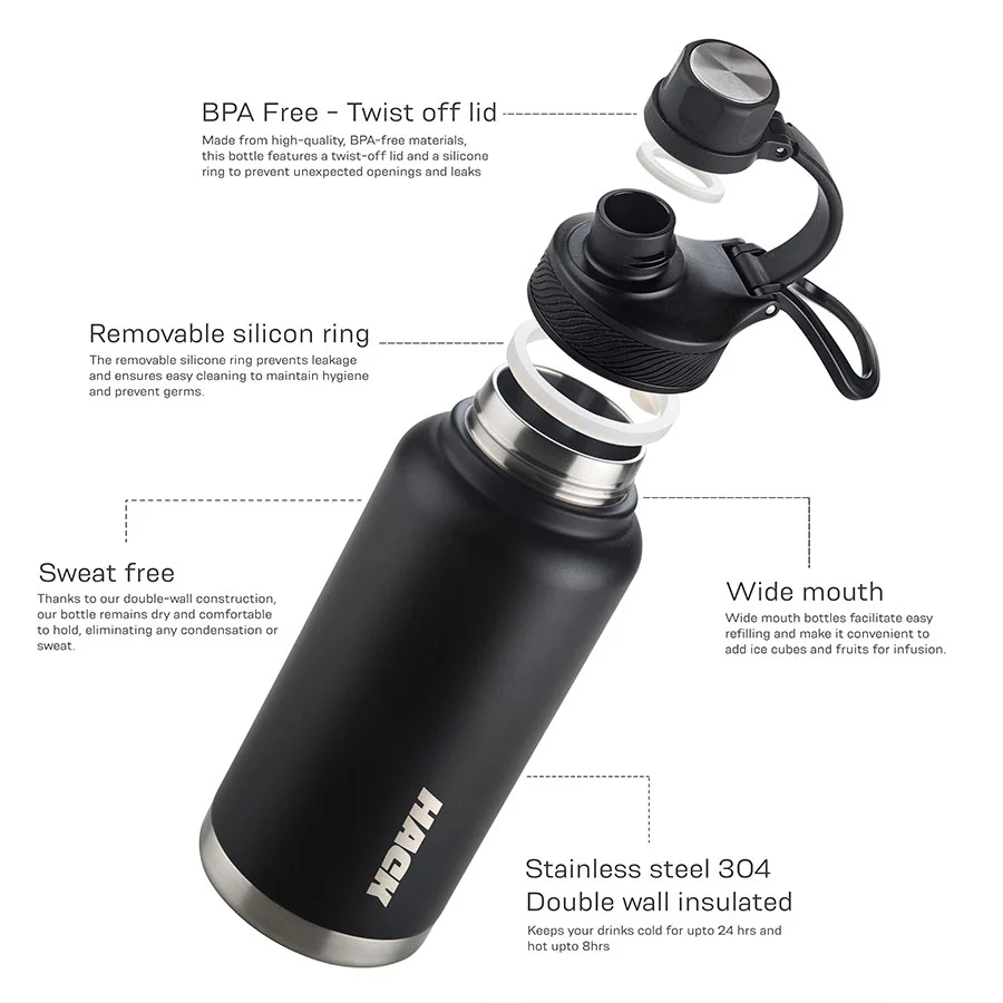 Hack Athletics Premium Hydra Water Bottle Black | 950ML - Image 4