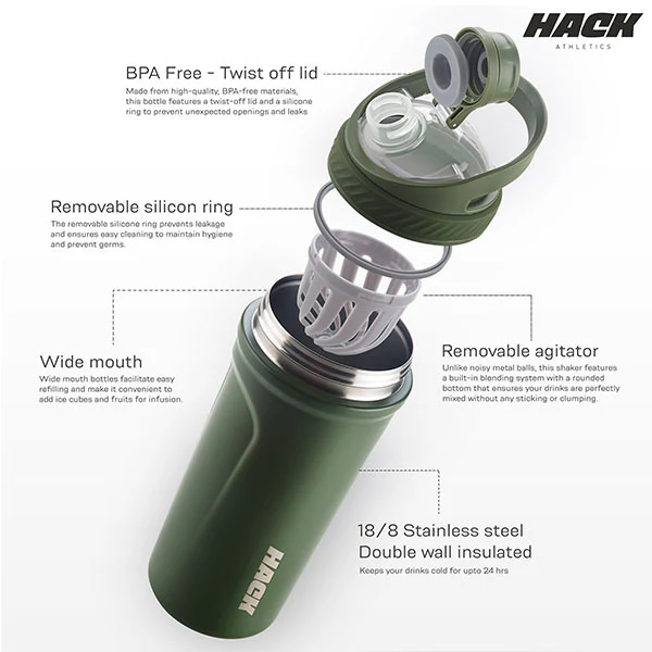 Hack Athletics Premium Stainless Steel Insulated Shaker Bottles 709ML Green - Image 3