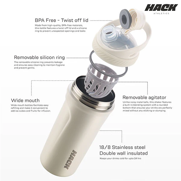 Hack Athletics Premium Stainless Steel Insulated Shaker Bottles 709ML White - Image 3